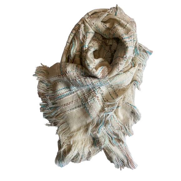 Cream Blue Weave Acrylic Womens Scarf Rectangle 25" x 80" - Picture 1 of 6